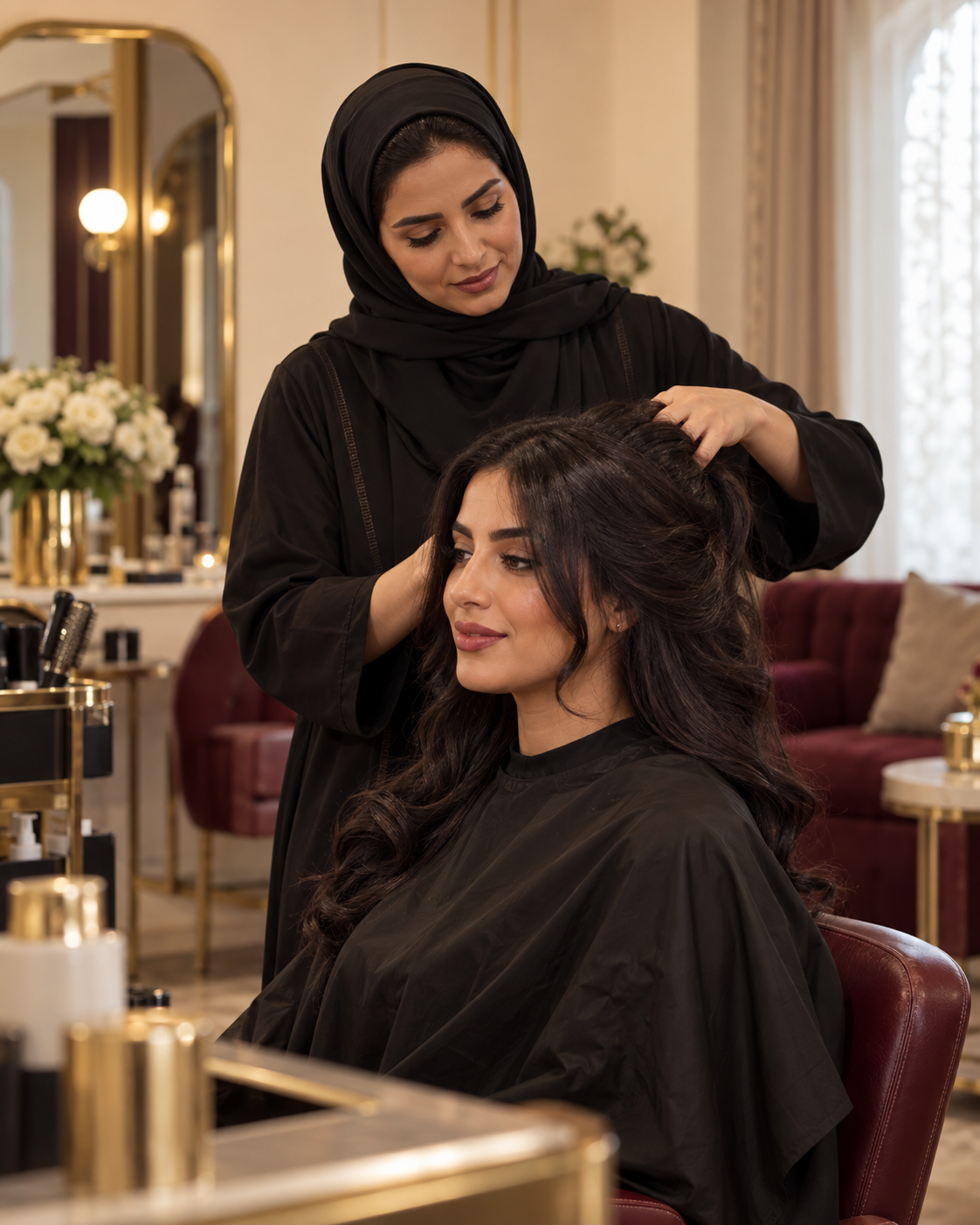 خبيرة شعر تعتني بإحدى عميلات صالون لفوتين